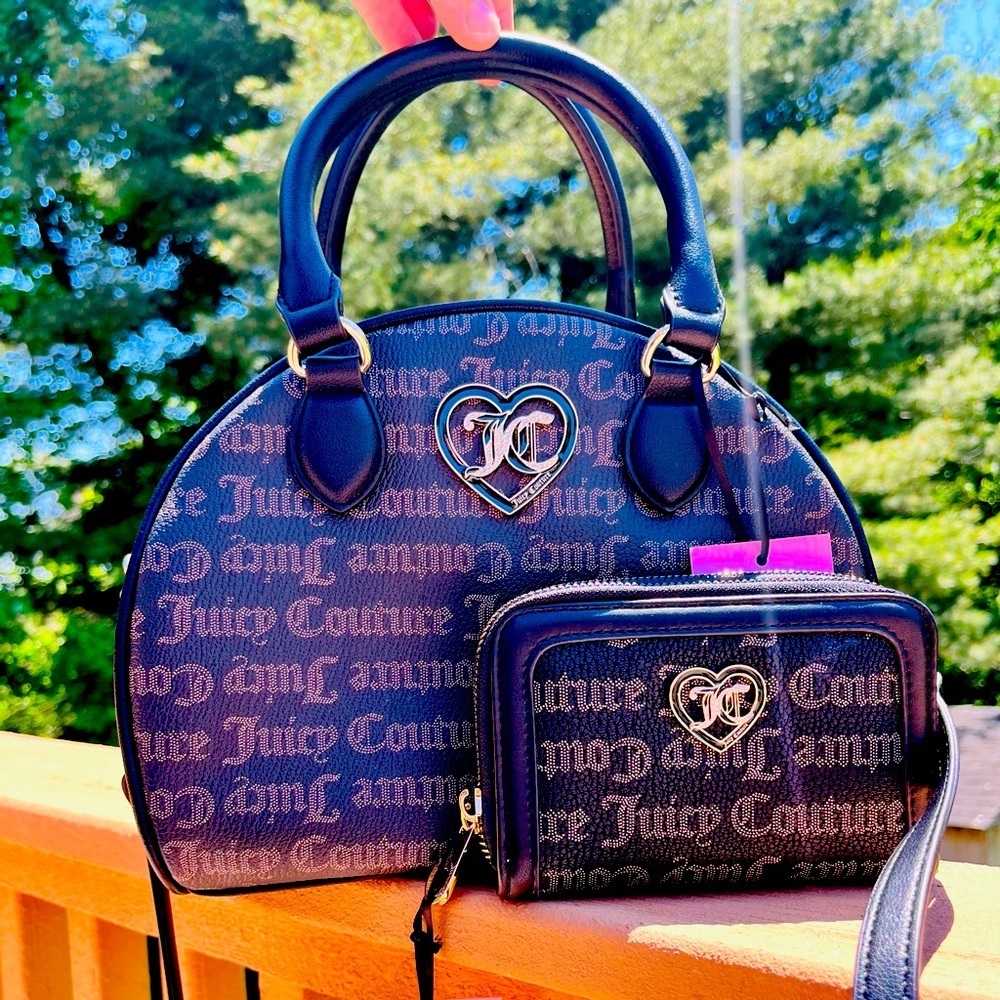 Juicy Couture Dome Satchel & Wallet Set Gothic Logo Black Crossbody Bag Nwt